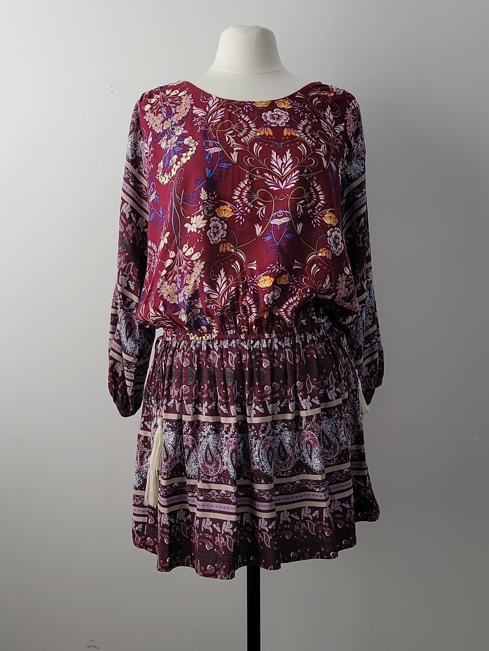 Umgee Exclusive Floral Print Midi Dress in Burgundy Mix Long Sleeve Size M EUC